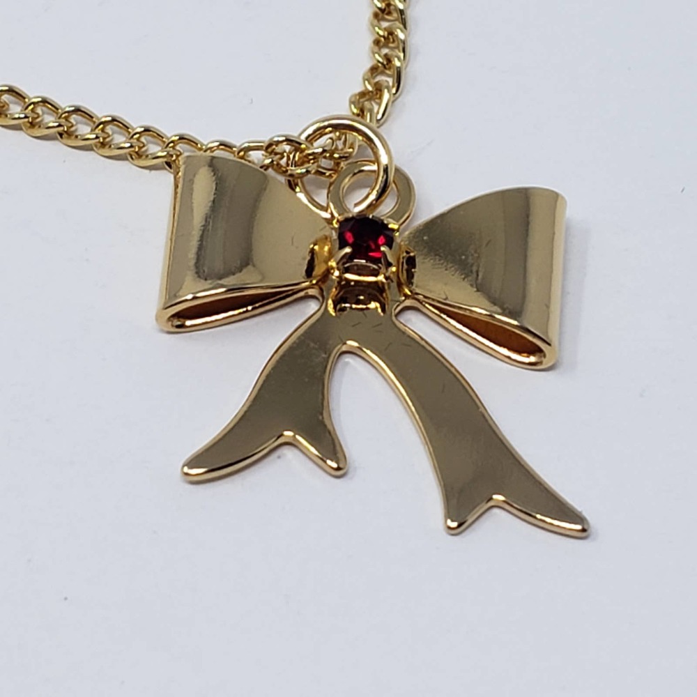 Gold Tone Chain Bow Ribbon Pendant Red Crystal - Picture 4 of 7